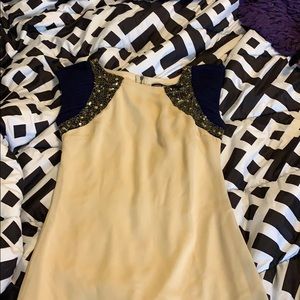 Nude dress with navy sleeves and gold beading